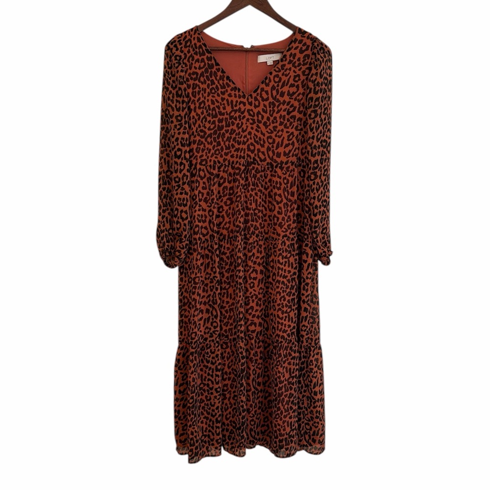 Loft leopard tiered maxi dress size 6 animal print rust brown black‎ casual work